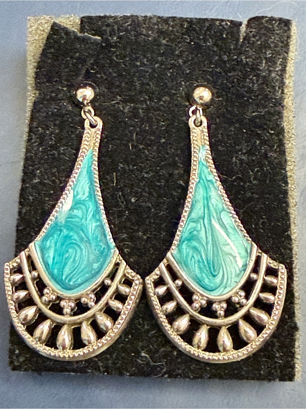 Vintage Avon Teal Silver tone fan shaped Dangle Earrings